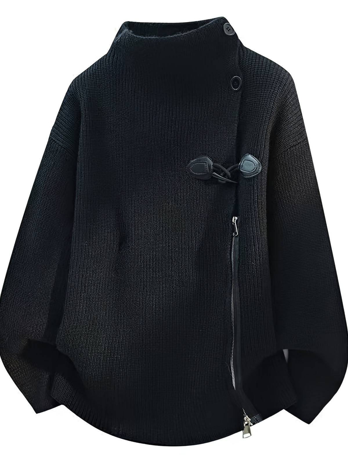 Halloween, Christmas, Thanksgiving, Pre-heat Single-pc Youth Men's Acrylic Knit Cardigan with Irregular Diagonal Zipper, Available in Red, Gray, and Black, Vintage Solid Color Stand-Up Collar Loose Fit Thickened Sweater Coat, Two Collar Style - Black