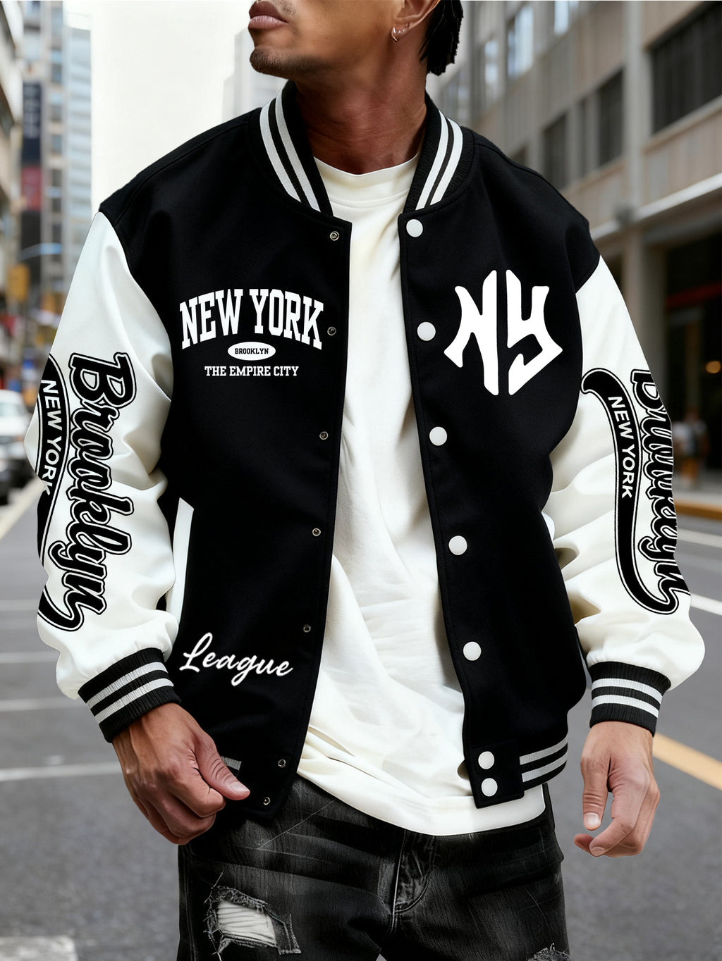 Men's Trendy Baseball Jacket with New York Style NY Letter Graphic Design - Contrast Sleeve Color Block Style - Button Closure with Stretchable Fabric, Versatile and Comfortable Jacket for All Seasons - Suitable for Outdoor Travel, Sports, and Friend - Black