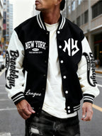 Men's Trendy Baseball Jacket with New York Style NY Letter Graphic Design - Contrast Sleeve Color Block Style - Button Closure with Stretchable Fabric, Versatile and Comfortable Jacket for All Seasons - Suitable for Outdoor Travel, Sports, and Friend - Black