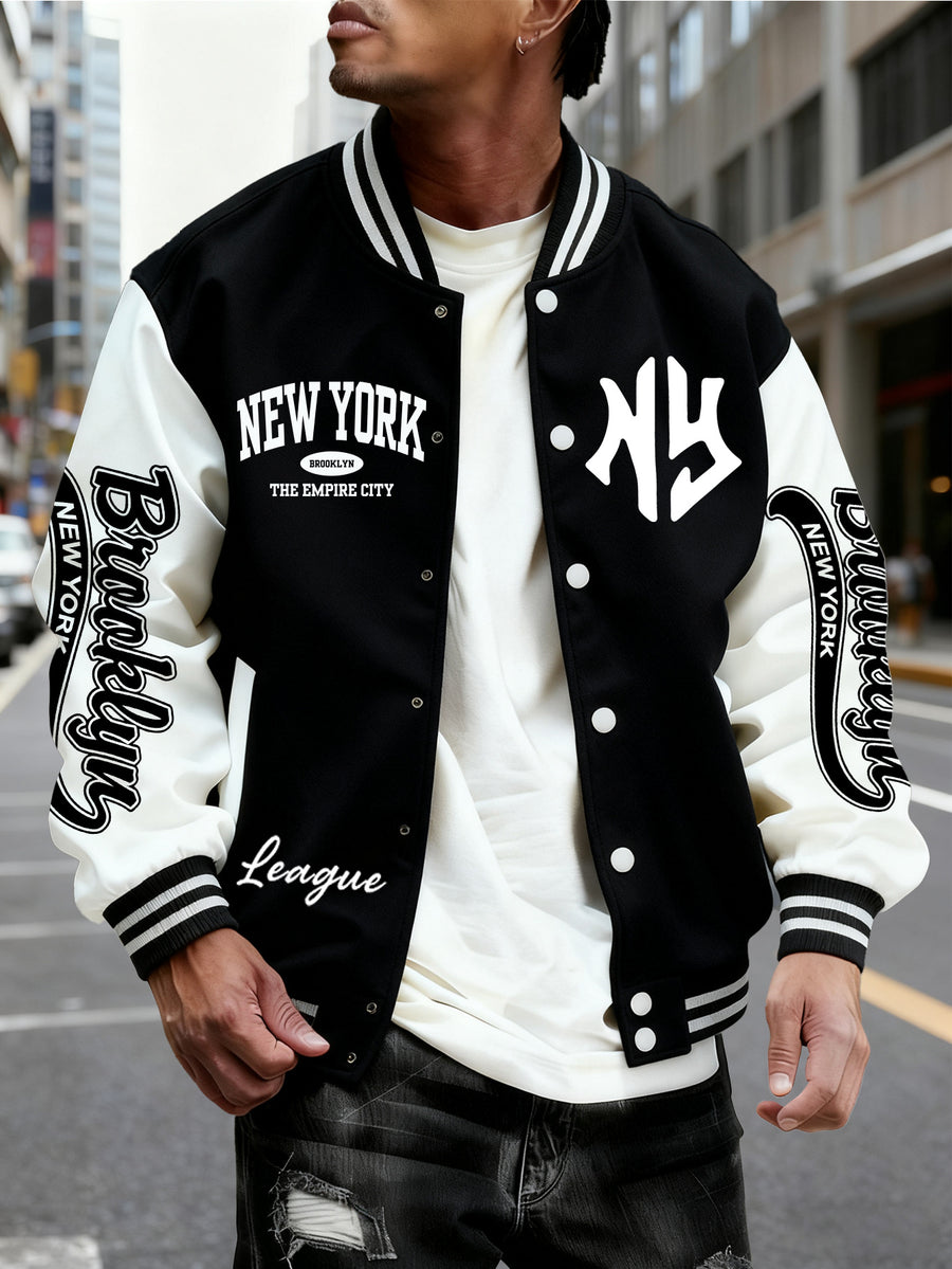 Men's Trendy Baseball Jacket with New York Style NY Letter Graphic Design - Contrast Sleeve Color Block Style - Button Closure with Stretchable Fabric, Versatile and Comfortable Jacket for All Seasons - Suitable for Outdoor Travel, Sports, and Friend - Black