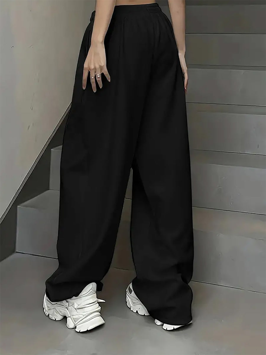 Women'S High-Waist Elastic Cinchable Retro Straight-Leg Pants, Loose Cut, Suitable for Street Casual, Daily Exercise, Fitness Training, And Athletic Wear - Black