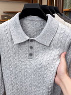 Men's Lapel-neck Autumn/winter Warm Sweater, Classic Cable Knit Texture with Soft, Skin-friendly Fabric, Casual and Fashionable Everyday Knitwear - Light Grey