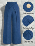 [Printed Pants - Not Faux Denim Fabric]Ladies Can Elegantly Wear Wide-Leg Pants for Commuting And Daily, Featuring a Popular Faux Denim Fabric in a Western Style. The Overlapping Two-In-One Design Includes an Exaggerated Metal Buckle at The Waist An - Blue