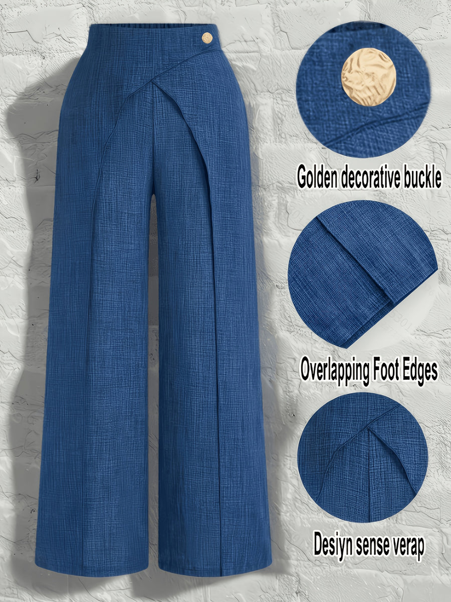 [Printed Pants - Not Faux Denim Fabric]Ladies Can Elegantly Wear Wide-Leg Pants for Commuting And Daily, Featuring a Popular Faux Denim Fabric in a Western Style. The Overlapping Two-In-One Design Includes an Exaggerated Metal Buckle at The Waist An - Blue
