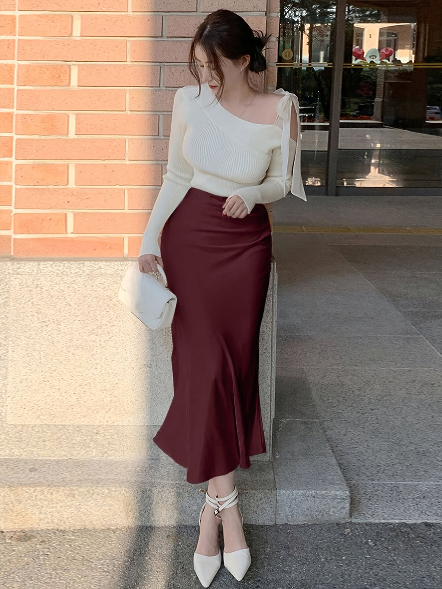 Spring/Summer Women's Slim-Fit Solid Color Satin Mermaid Skirt - Burgundy