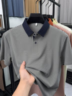 Men's Short-Sleeve Lapel Polo Shirt - Breathable Summer Business Casual T-Shirt with Striped Collar, Half-Sleeve Suitable for Office, & Semi-Formal Wear - Tongsen Store 1 (Regular Fit) - Navy Color