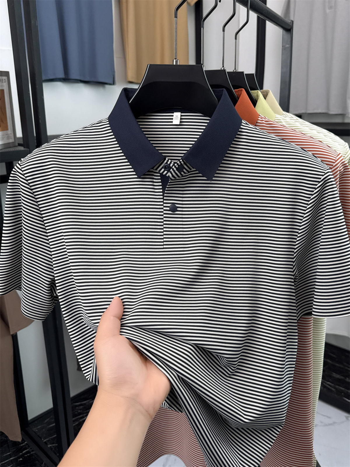 Men's Short-Sleeve Lapel Polo Shirt - Breathable Summer Business Casual T-Shirt with Striped Collar, Half-Sleeve Suitable for Office, & Semi-Formal Wear - Tongsen Store 1 (Regular Fit) - Navy Color