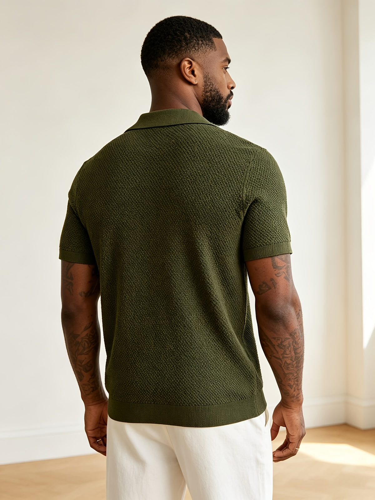 Men'S Premium Textured Knit Polo Shirt, Lapel Half-Button Design, 3D Texture Breathable And Skin-Friendly, Summer Non-Stuffy, Urban Minimalist Style for Multi-Scenarios, Body-Enhancing And Athletic Look, Light Luxury Item for Upgrading Wardrobe - Green