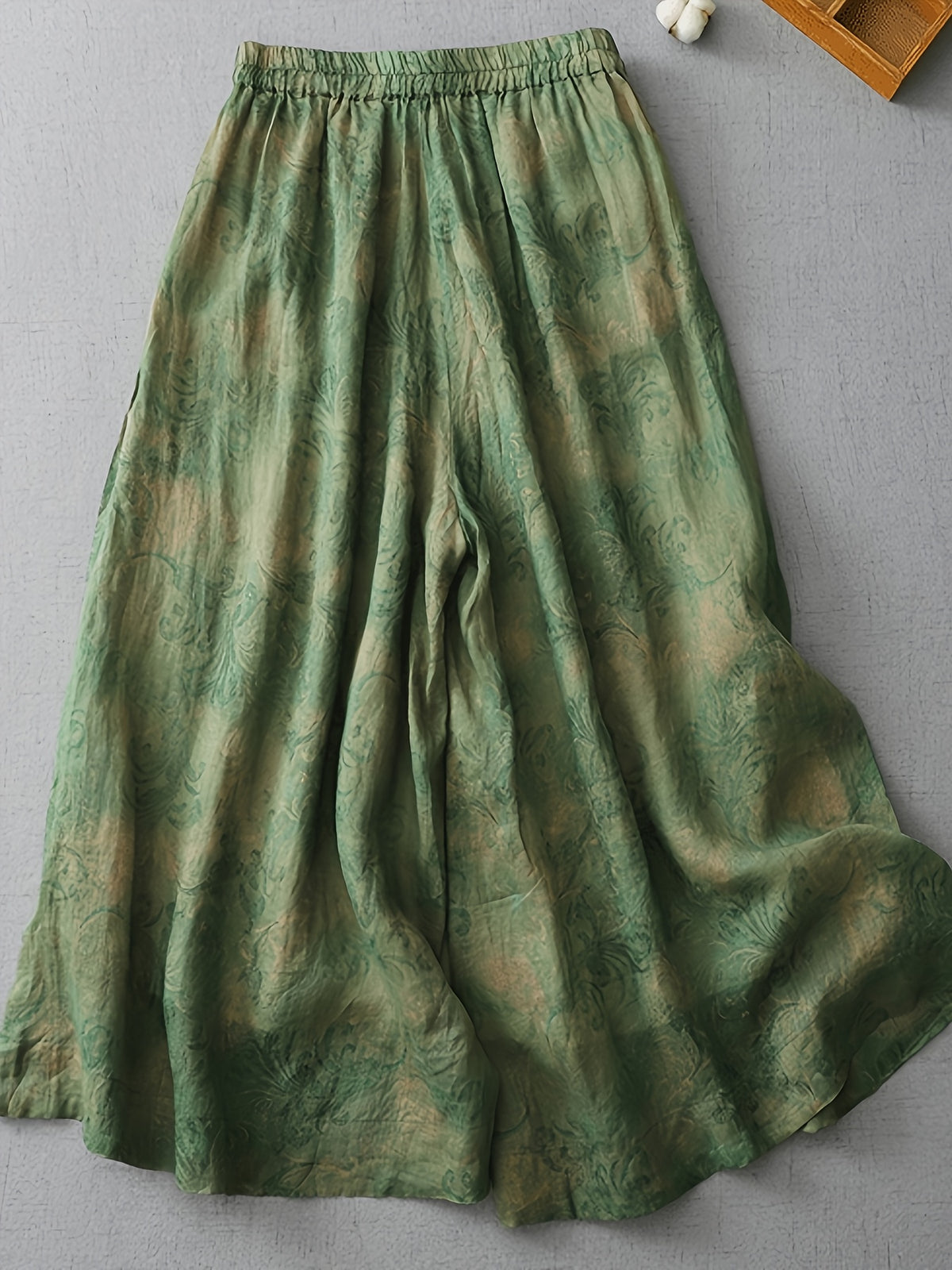 Elegant Print, And Wide-Leg Pants, Women'S New Spring And Summer - Elastic Waist - Tie-Up Nine-Point Culottes - Green
