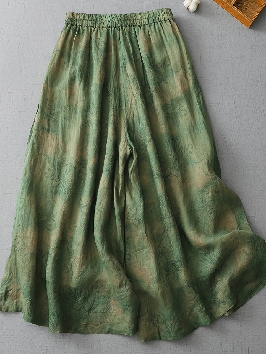 Elegant Print, And Wide-Leg Pants, Women'S New Spring And Summer - Elastic Waist - Tie-Up Nine-Point Culottes - Green