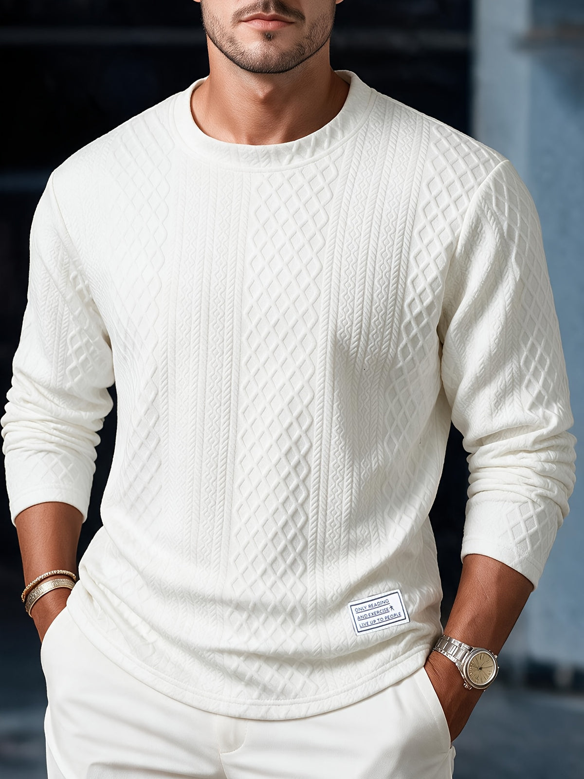 Josh Mei's Selection: Henley Collar Shirt, 2026 Autumn/Winter European and American Style Men's Casual Jacquard Crew Neck Long Sleeve Pullover Sweater Short Sleeve - White