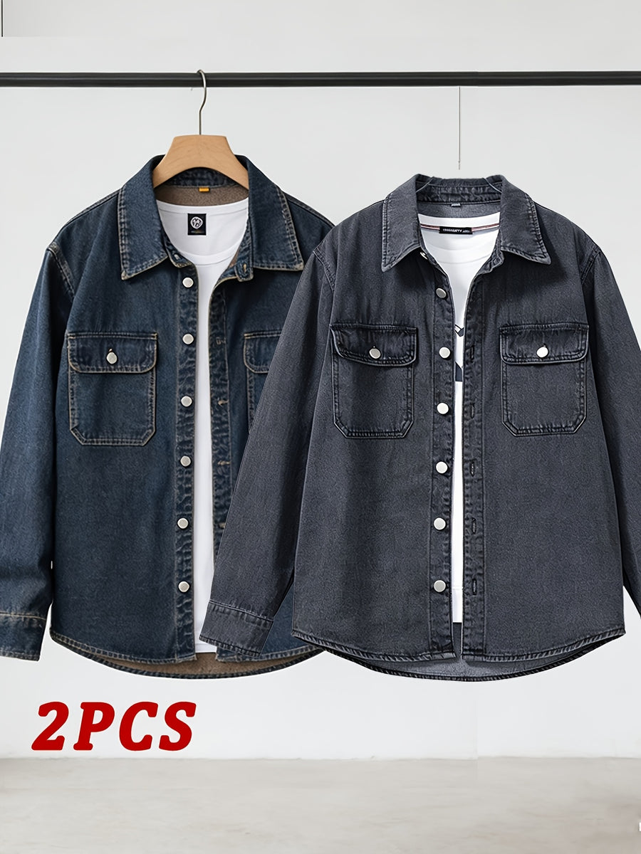 Spring/Autumn Men's Loose-Fit Streetwear Style Cool and Handsome Long-Sleeve Denim Shirt with American-Style Jacket Outer, 2pcs Set - Nostalgia + Black-Gray