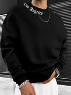 Men's Casual Minimalist Sweatshirt with a Round Neck and Printed "Los Angeles" and "Freedom" Gothic Lettering - Black
