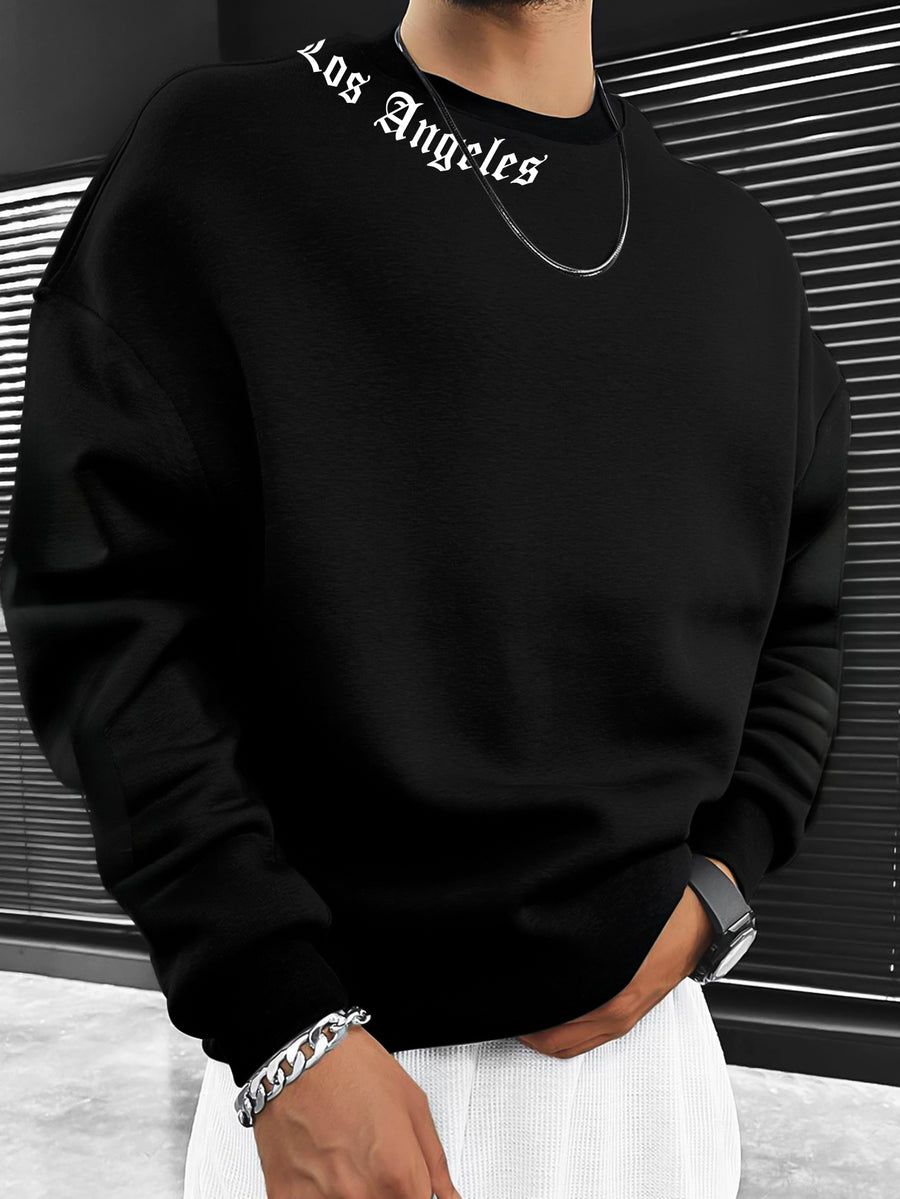Men's Casual Minimalist Sweatshirt with a Round Neck and Printed "Los Angeles" and "Freedom" Gothic Lettering - Black