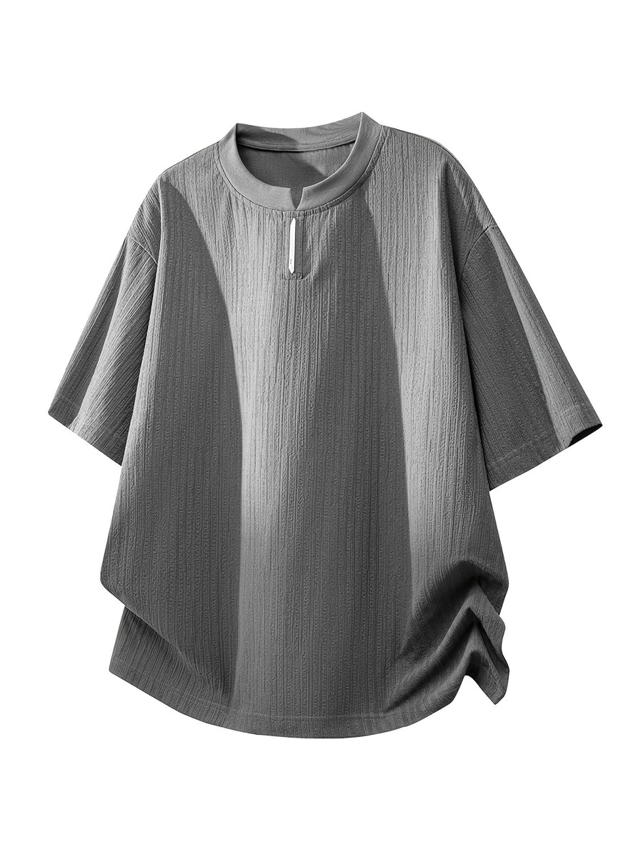 Men's Summer Split Neck T-Shirt Loose Drop Shoulder Design Versatile Minimalist Premium Daily Trendy Top - Grey