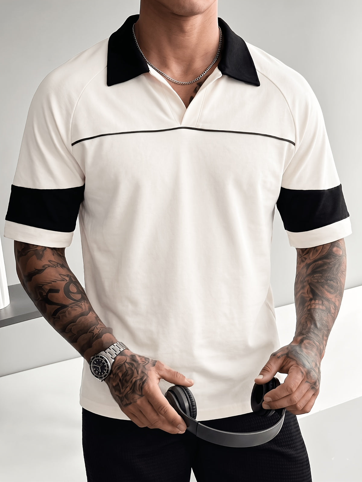 American-style Trendy Black and White Color-block Short-sleeve Polo Shirt, New Summer Loose-fit Contrast-color Lapel Men's Top, Soft, Breathable, and Comfortable Fabric, Streetwear and Date Fashion Outfit - Milky