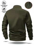 Spring/Autumn Men'S Stand-Up Collar Zip-Up Casual Jacket, Contrast Striped Sleeve Design Adds Layering, Chest Athletic Figure Print Easy And Energetic. Fabric Is Soft And Flowing, Non-Stuffy, Fit Various Body Types, Suitable for Sports, Commuting - Olive Green