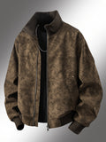 Men's Vintage Jacket, High Collar Ribbed Zipper American Casual Distressed Short Men's Jacket, Suitable for Daily Work Wear. - Coffee Color