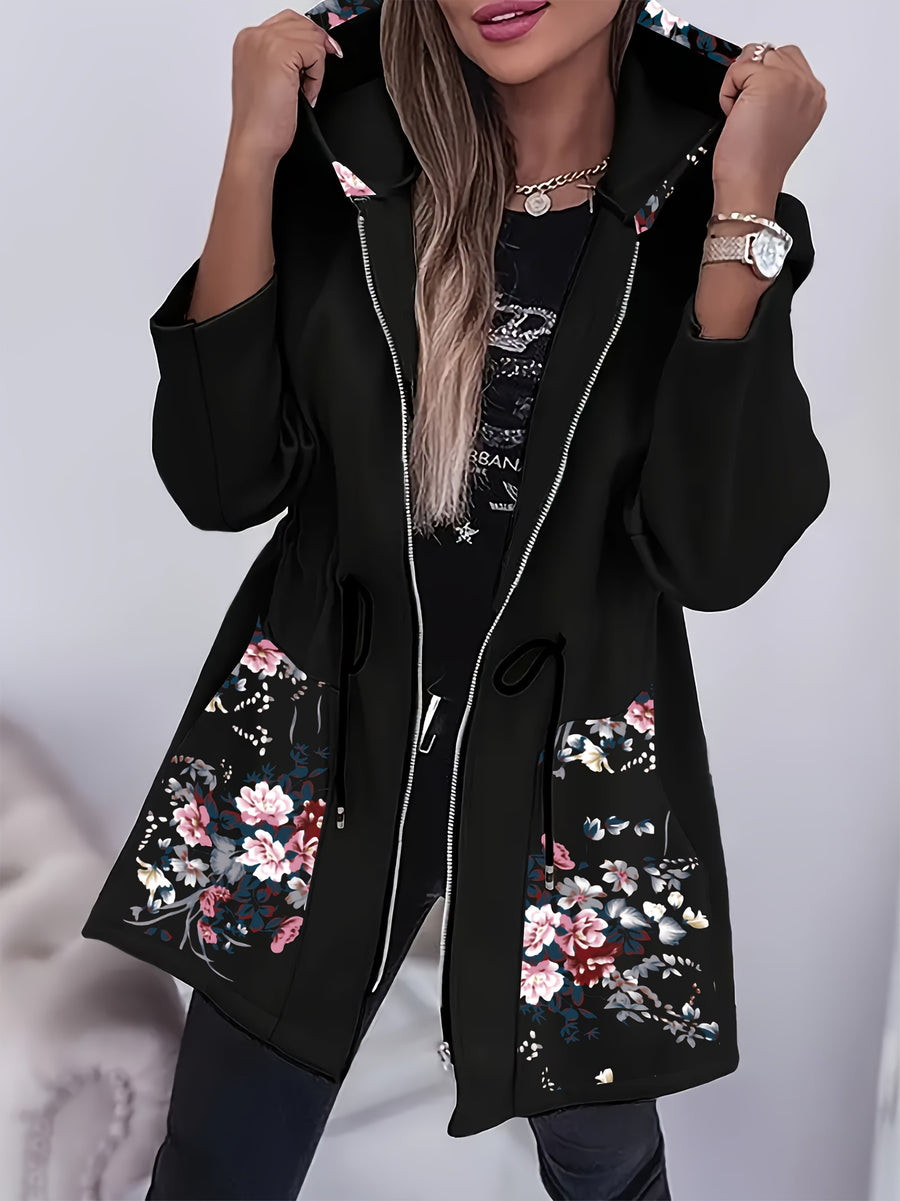 Women'S Floral Print Hooded Jacket - Black with Pink/White/Gray/ Green Floral Pattern, Front Pockets, Warm Outerwear for Fall/Winter, Casual Chic Coat for Everyday & Formal Events, Fall Fashion, Stylish Hoodie, Comfortable Fit, Versatile Layering - Black