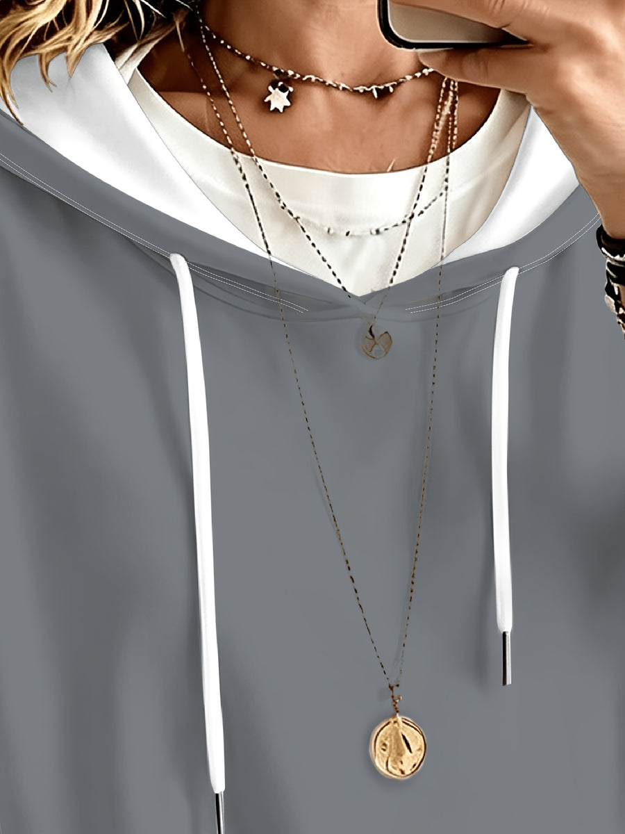Women's Hooded Top, Dark Gray Loose Drop-Shoulder Sleeves, Hoodie, Women's Fashion Casual Sweatshirt - Dark Gray