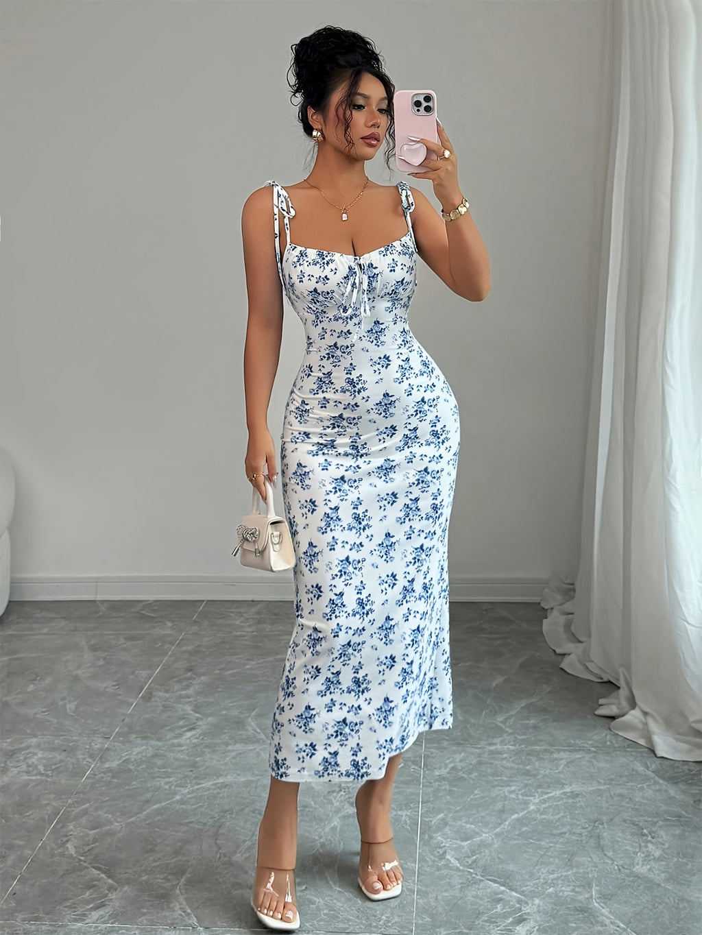 Elegant Floral Ruffled Strap Dress for Women - Purplish Blue