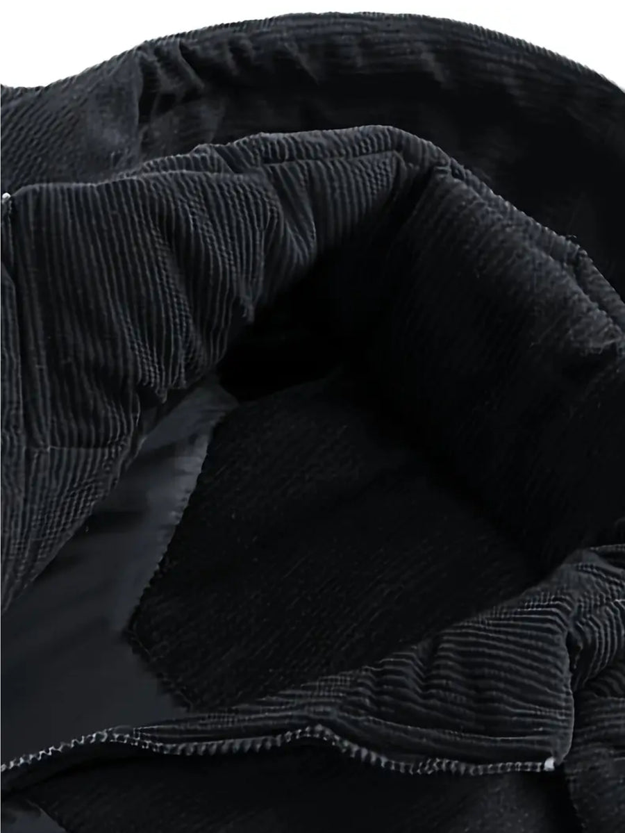 New Men'S Fall Winter Thick Corduroy Jacket Casual Warm Coat - Hooded Jacket, Removable Hood, Warm Winter Overcoat, Suitable for Casual And Formal Occasions, Easy Care Hand Wash Design, Winter Dress, Durable Material - Black