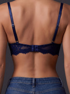 Plus Size Pure Lust Style Lace Lingerie, Eyelash Scalloped Design Adjustable Straps Gathering Bra - Royal Blue
