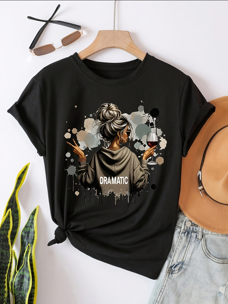 Fashionable Loose-Fitting Versatile Casual Short-Sleeve T-Shirt with Print - Black