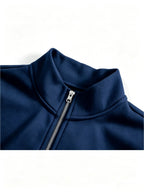 Men'S Half-Open Collar Mid-High Neck Sweatshirt, Contrast Geometric S Logo Print Striped Ribbed Hem Loose Athletic Pullover Top, Suitable for Commute And Casual Wear - Navy Color