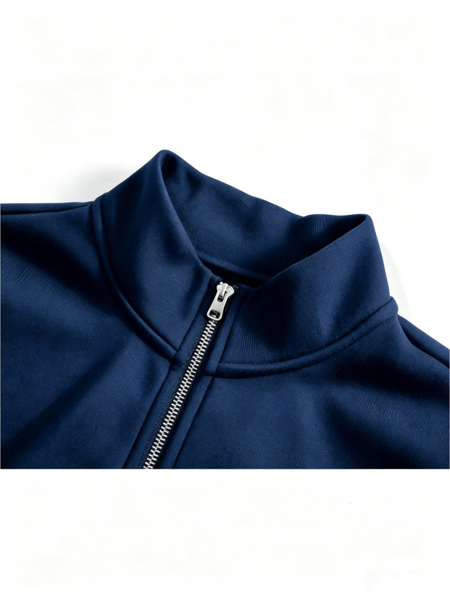 Men'S Half-Open Collar Mid-High Neck Sweatshirt, Contrast Geometric S Logo Print Striped Ribbed Hem Loose Athletic Pullover Top, Suitable for Commute And Casual Wear - Navy Color
