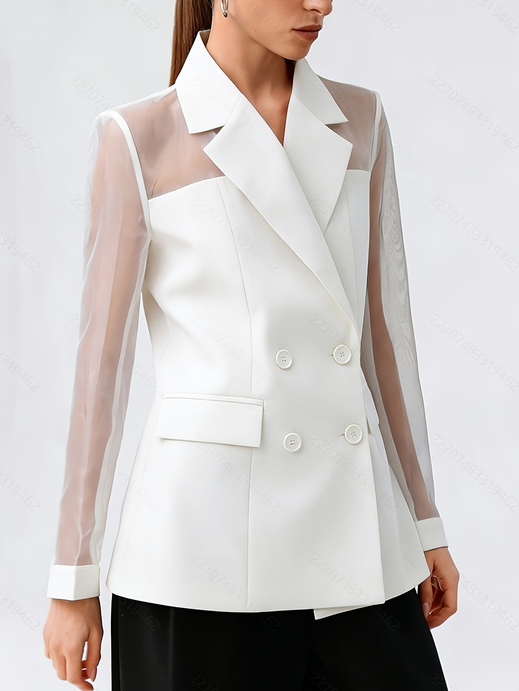 Fashionable Women's Elegant Blazer, Stylish High-End Mesh Patchwork Double-Breasted New Casual Suit Jacket - White