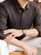 Men's Long-Sleeve Knit Cardigan Shirt with Raglan Sleeves, Roll-Up Cuffs, Suitable for Layering or Wearing Alone in Spring, Autumn, and Early Winter, Ideal for Middle-Aged Men's Commuting and Casual Wear. -SINBOS - Black Purple