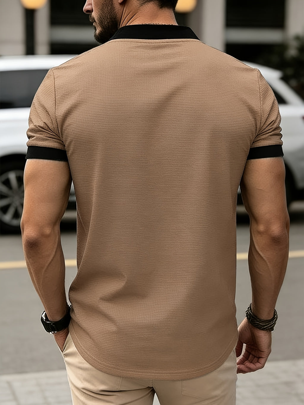 [Printed Design - Not Textured] New Men's Summer British Style Fashion, Simple and Casual. Features a 230g Waffle Knit T-shirt with a Heart-Shaped Neckline and Contrast Colors. Suitable for Daily Outings and Leisure, Part of a Simple - Khaki