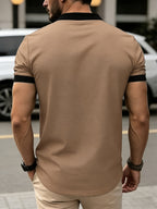 [Printed Design - Not Textured] New Men's Summer British Style Fashion, Simple and Casual. Features a 230g Waffle Knit T-shirt with a Heart-Shaped Neckline and Contrast Colors. Suitable for Daily Outings and Leisure, Part of a Simple - Khaki