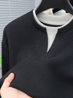 Spring And Autumn Men'S Pinstripe Knit Faux Two-Piece Sweatshirt Easy Small Lapel Fit Comfortable Skin-Friendly Casual Commuting Long Sleeve Pullover Sweater - Blue Black