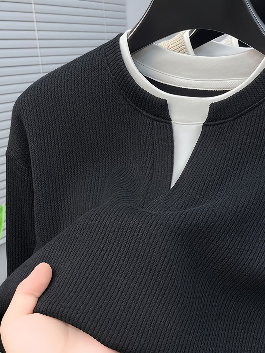 Spring And Autumn Men'S Pinstripe Knit Faux Two-Piece Sweatshirt Easy Small Lapel Fit Comfortable Skin-Friendly Casual Commuting Long Sleeve Pullover Sweater - Blue Black