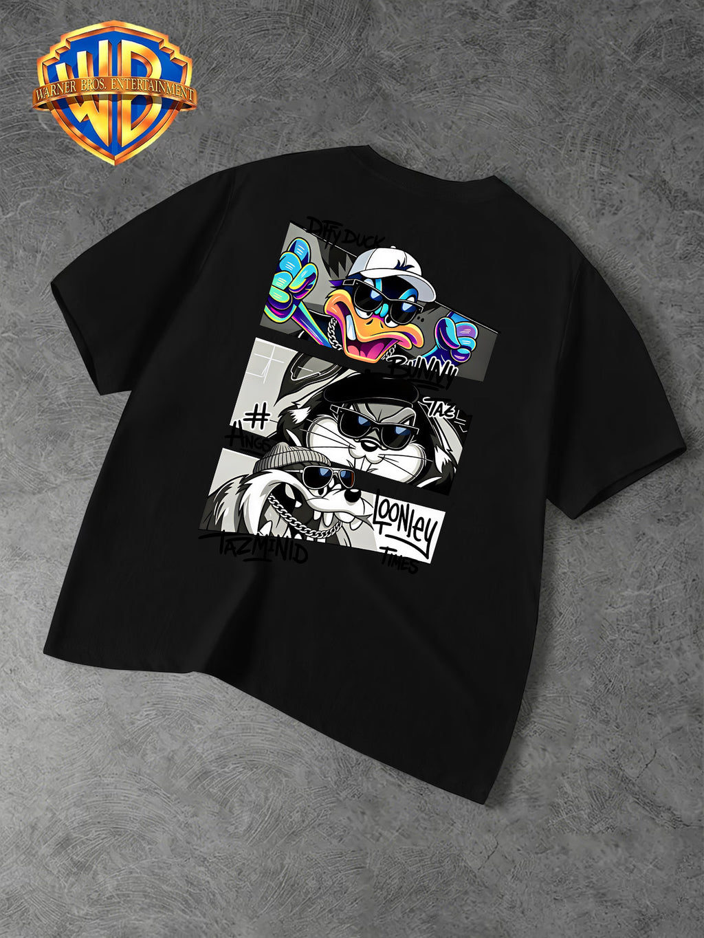 Warner Bros. Official Men's Casual T-Shirt with Double-Sided Print, Featuring a Spliced  Character Streetwear Graphic. Breathable and Comfortable, Versatile for Casual Wear. Print Is Durable, Crack-Resistant, Machine Washable, and Fade-Resistant. - Black
