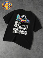 Warner Bros. Official Men's Casual T-Shirt with Double-Sided Print, Featuring a Spliced  Character Streetwear Graphic. Breathable and Comfortable, Versatile for Casual Wear. Print Is Durable, Crack-Resistant, Machine Washable, and Fade-Resistant. - Black