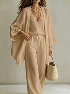 3pcs Set, Women's Spring/summer Vacation-style Loose Spaghetti Strap Tank Top with Cardigan and Loose Wide-leg Pants Casual Set, Elegant and Fashionable, Comfortable and Casual, Suitable for Commuting Wear - Khaki 1