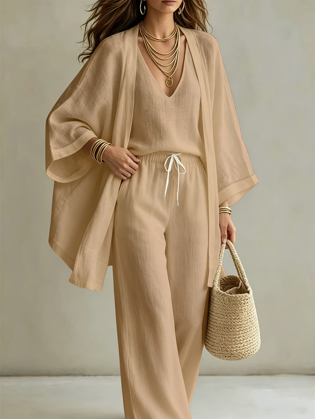3pcs Set, Women's Spring/summer Vacation-style Loose Spaghetti Strap Tank Top with Cardigan and Loose Wide-leg Pants Casual Set, Elegant and Fashionable, Comfortable and Casual, Suitable for Commuting Wear - Khaki 1