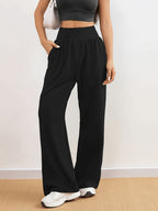5801 Women's High-Waist Stretchy Loose-Fit Straight-Leg Pants | Solid Color, with Pocket Details, Casual Style, Suitable for All Seasons and Weekend Outings - Black