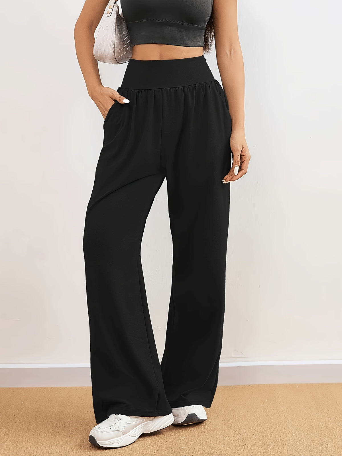 5801 Women's High-Waist Stretchy Loose-Fit Straight-Leg Pants | Solid Color, with Pocket Details, Casual Style, Suitable for All Seasons and Weekend Outings - Black