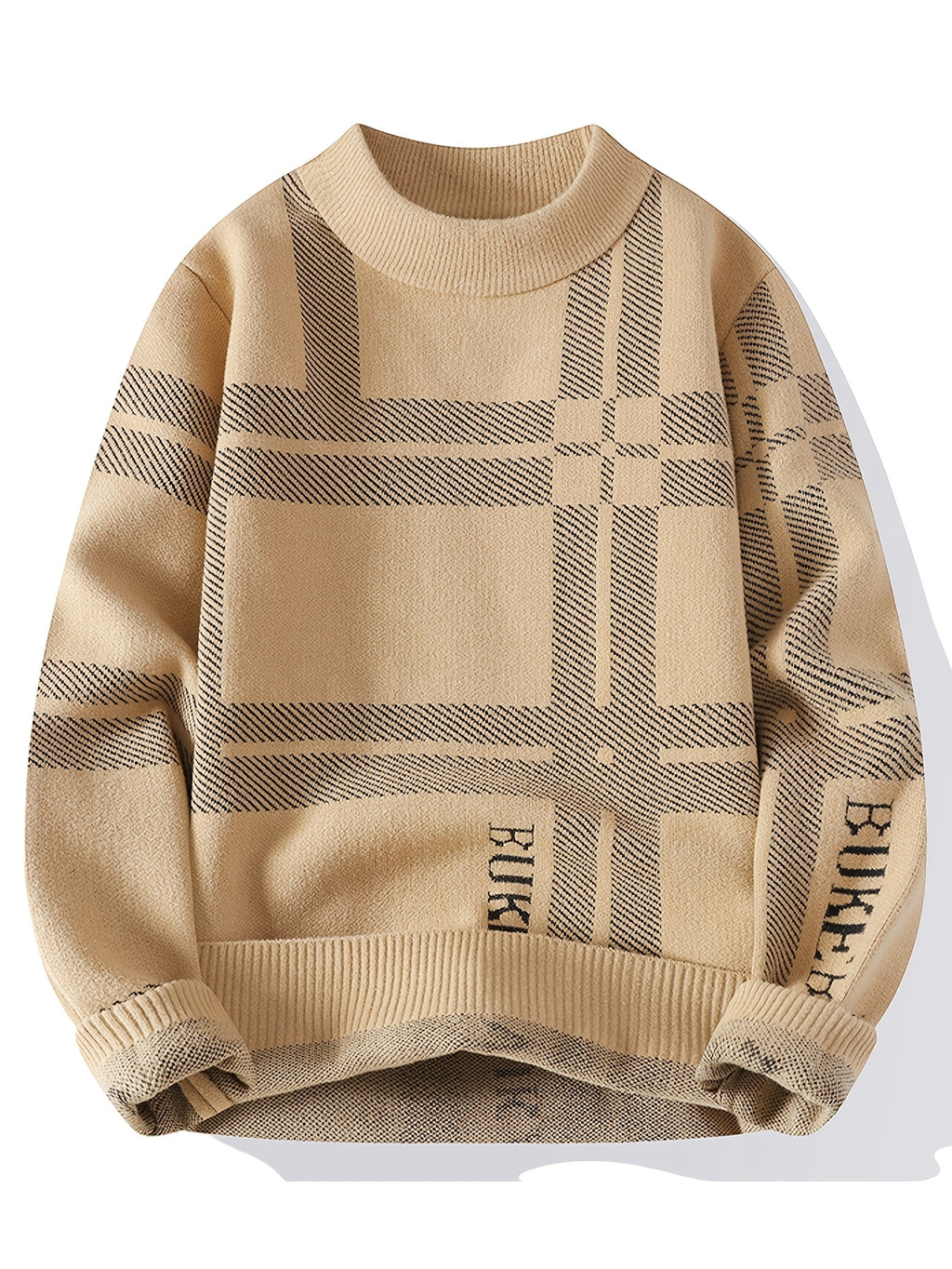 2026 Autumn/Winter New Men'S Round Neck Jacquard Sweater Fashion Contrast Knitted Hoodie Casual Top - Khaki
