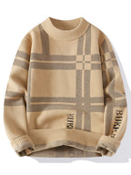 2026 Autumn/Winter New Men'S Round Neck Jacquard Sweater Fashion Contrast Knitted Hoodie Casual Top - Khaki