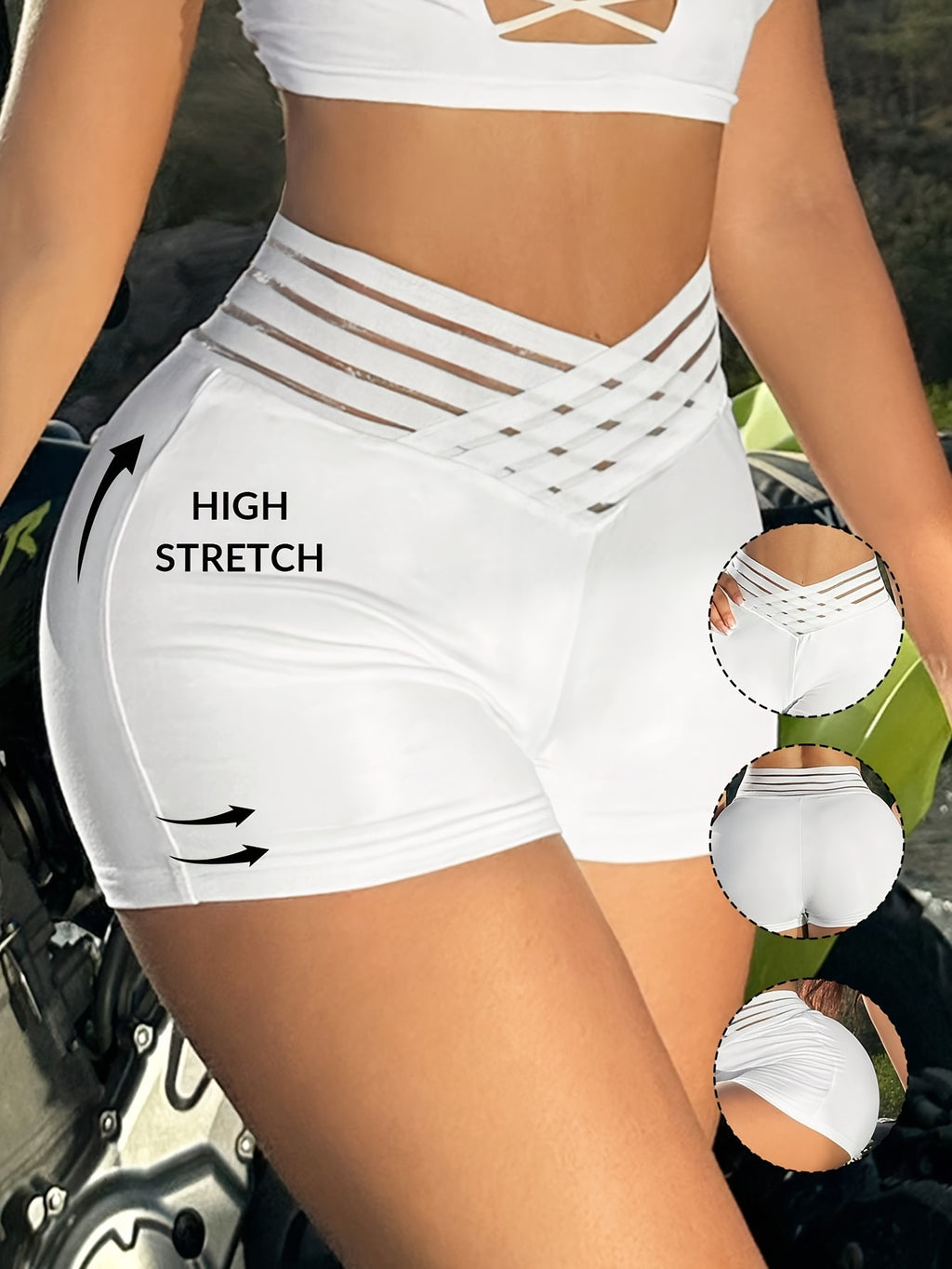 Women's High-Waisted Stretchy Shorts - Summer Casual & Everyday Shorts with Open-Front Cutouts, Breathable Machine-Washable White Shorts, Lounge & Streetwear - White