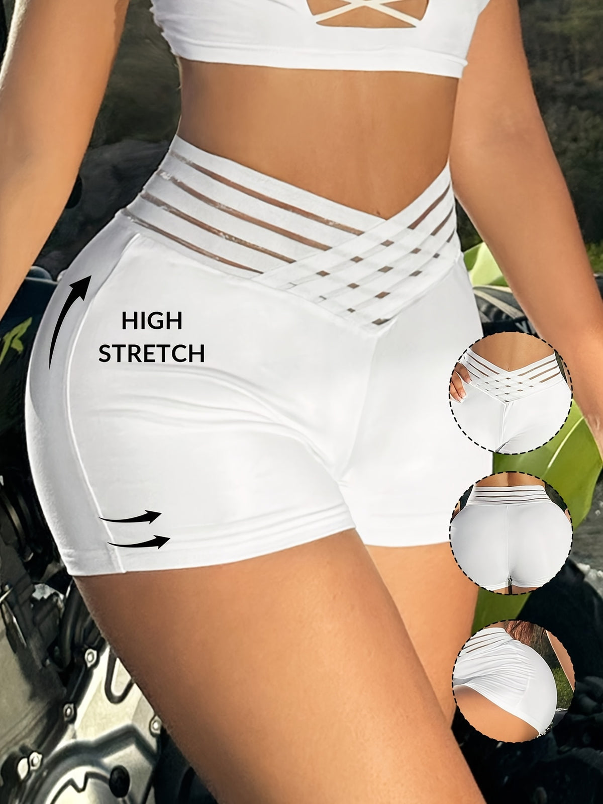 Women's High-Waisted Stretchy Shorts - Summer Casual & Everyday Shorts with Open-Front Cutouts, Breathable Machine-Washable White Shorts, Lounge & Streetwear - White