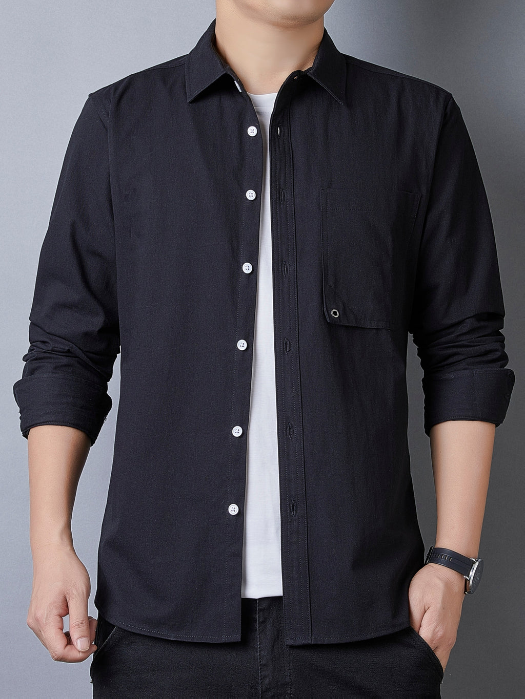 Men's Casual Pure Cotton Long-Sleeve Shirt for Spring and Autumn, Solid Color Simple Lapel Single-Pocket Shirt for Daily Commuting, Work, and Dating, Men's Top - Black