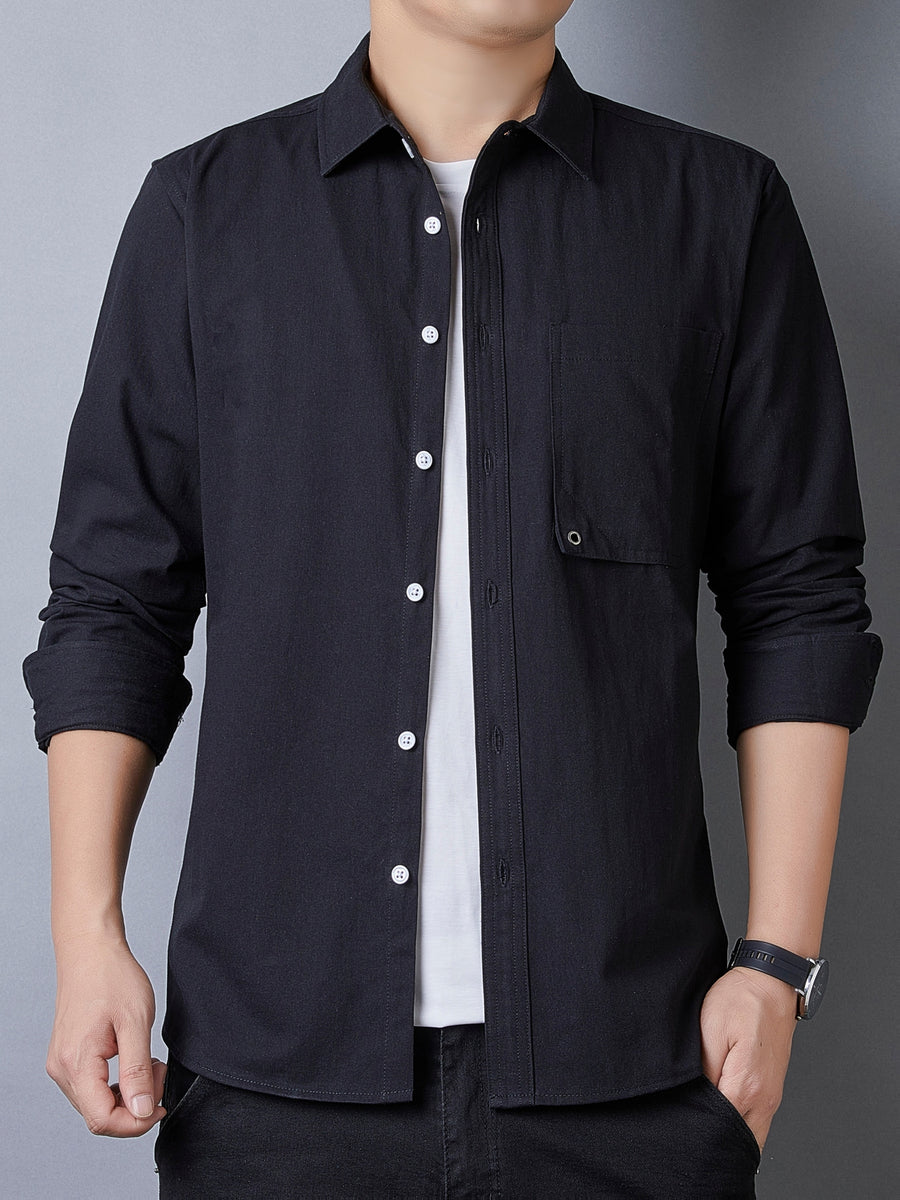 Men's Casual Pure Cotton Long-Sleeve Shirt for Spring and Autumn, Solid Color Simple Lapel Single-Pocket Shirt for Daily Commuting, Work, and Dating, Men's Top - Black