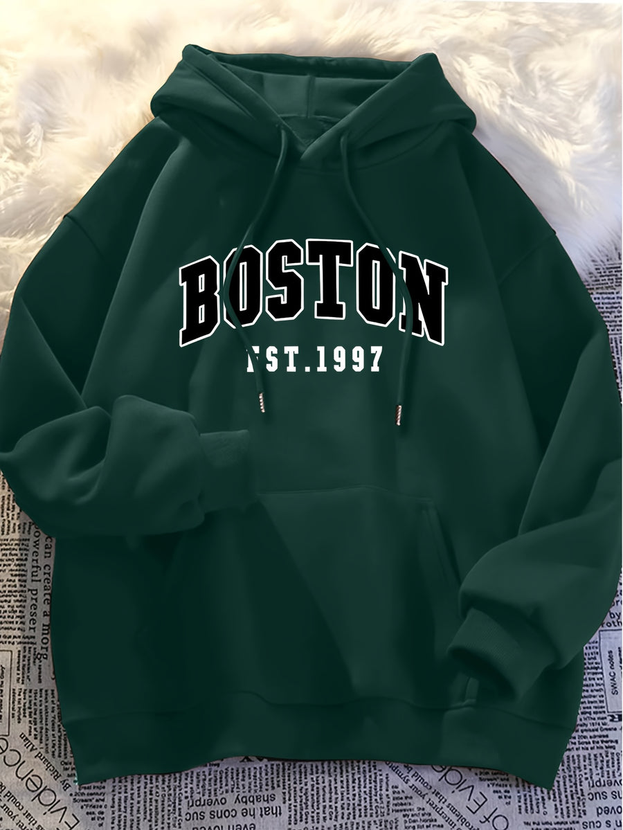 Minimalist Style Boston Letter Print Men'S Hooded Sweatshirt Regular Fit, Casual Long Sleeve Pullover - Dark Green