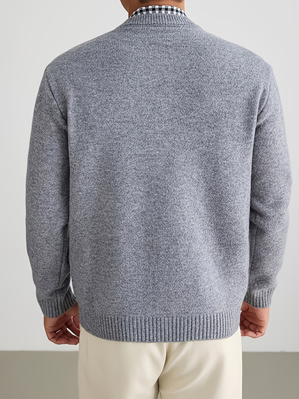 Men's Knitted Cardigan with Round Neck, Black and White Checkered Placket, 2-in-1 Look, Single-Breasted, Business Casual, Spring/Autumn Regular Fit for Daily Commuting - Light Grey